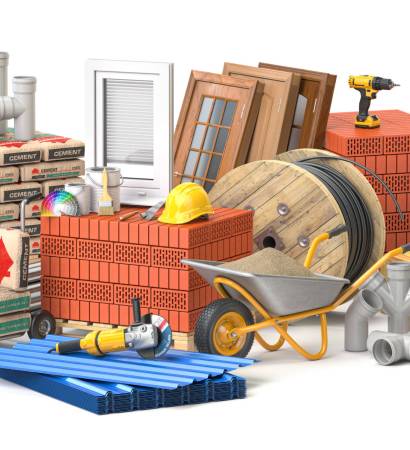 Construction materials and tools isolated on white background. 3d illustration